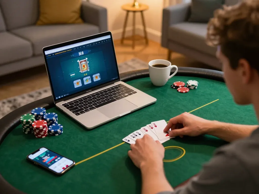 Player strategizing poker on king33 app at home using laptop, colorful chips visible.