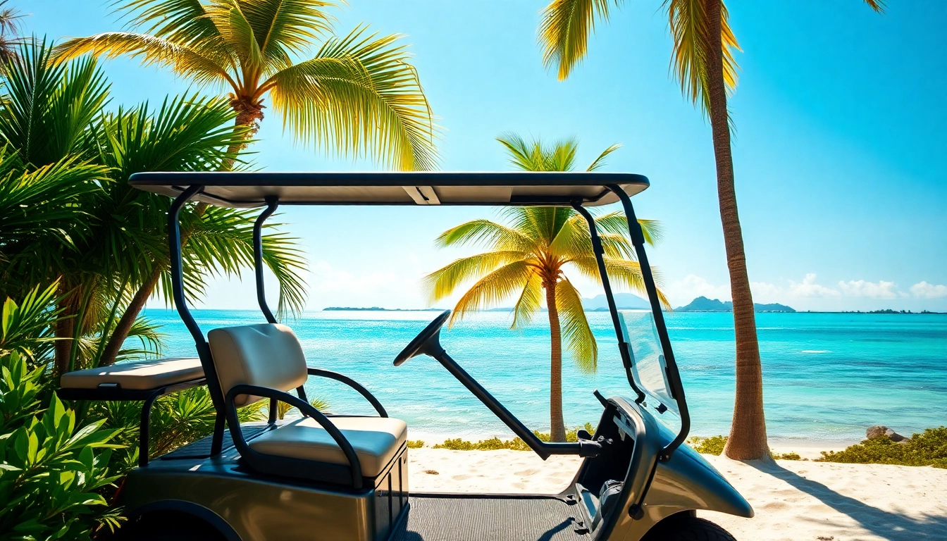 Experience San Pedro Belize Golf Cart Rental with a modern cart in a tropical paradise.