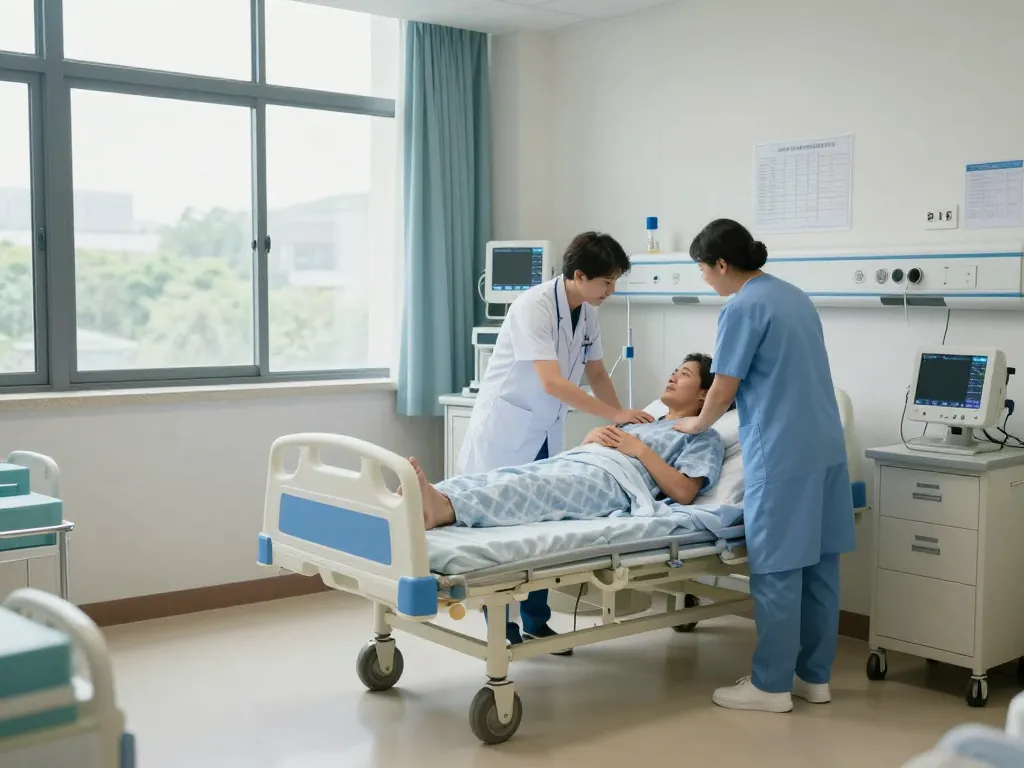 Patient bed (giường bệnh nhân) in a well-lit hospital room, healthcare professionals assisting, creating a supportive healing environment.