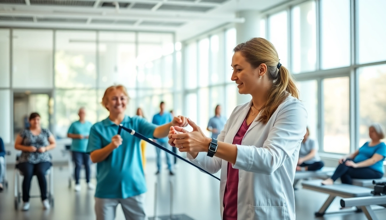 Health in Motion Rehabilitation featuring a dedicated therapist guiding diverse patients in recovery exercises