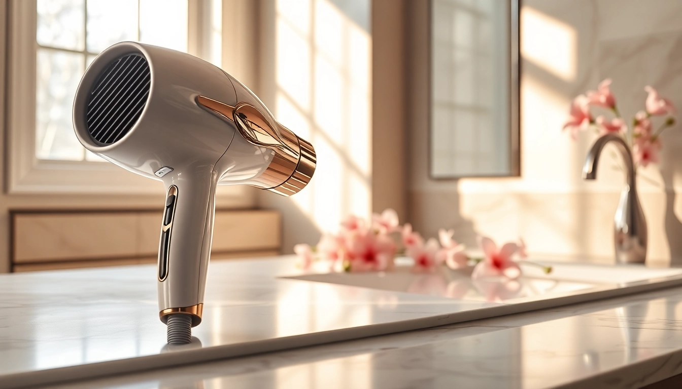 Frizzy hair dryer positioned beautifully on a marble countertop in a serene bathroom setting.