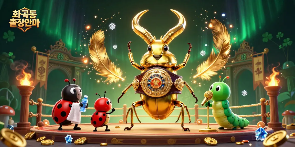 Elevate your gaming with 화곡동출장안마, featuring a giant beetle champion in a vibrant casino scene.