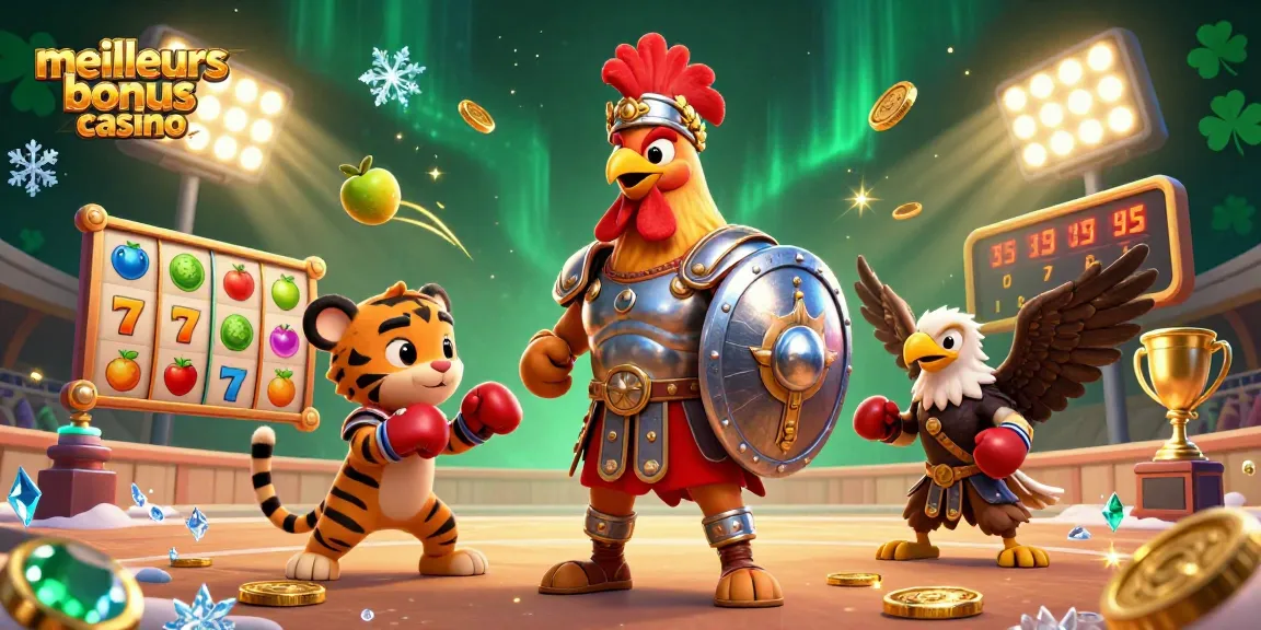 Découvrez les meilleurs bonus casino avec un coq gladiateur en armure et ses compagnons dans un décor dynamique.