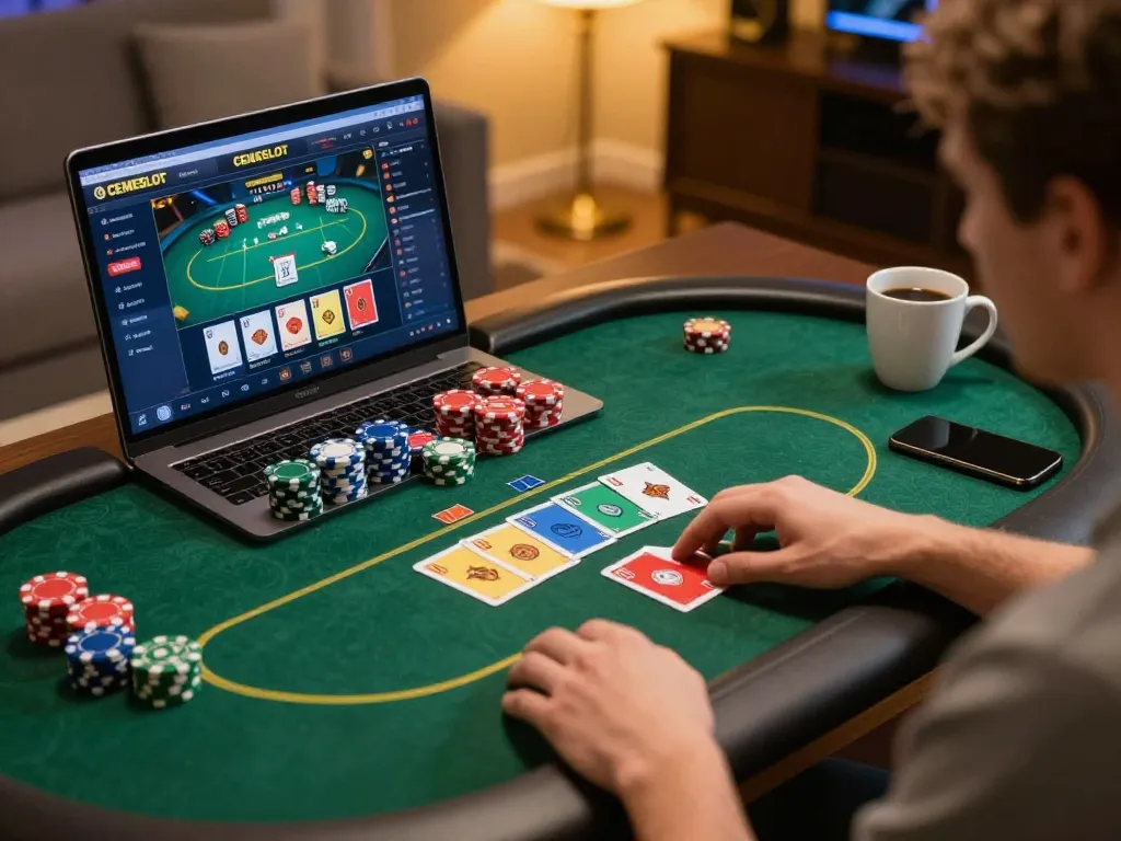 CEMESLOT player strategizing during online poker game with laptop and cozy setup