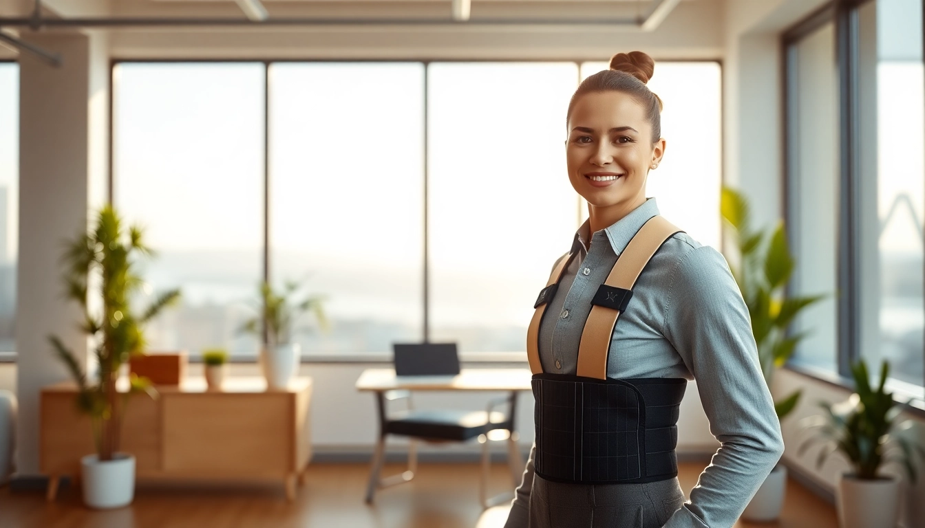 Model demonstrating a posture brace in an office setting, showcasing proper alignment and confidence.