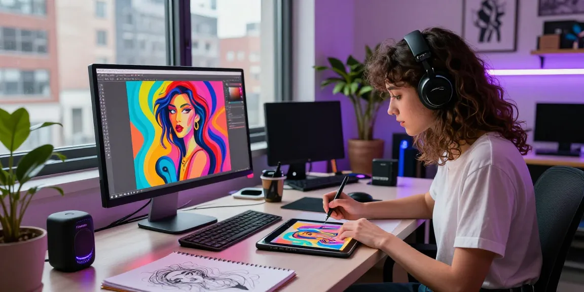 Artist creating provocative AI-generated artwork in a vibrant studio, representing the intersection of art and ai porn.