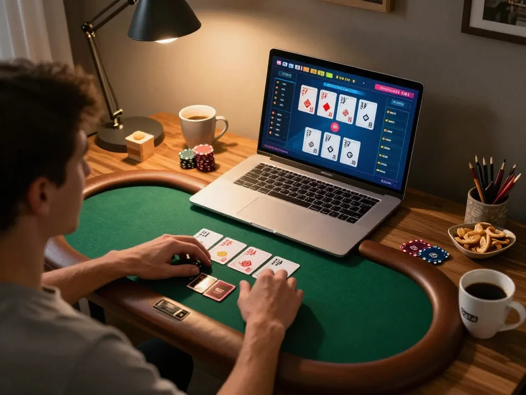 Engaged player enjoying rik vip live poker game at home with dealer visible.