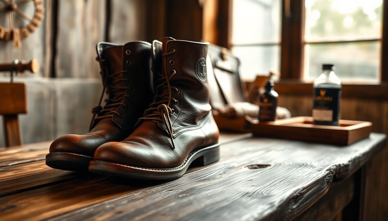 Conditioning oil-tanned leather boots gleaming under natural light, highlighting their rich texture.