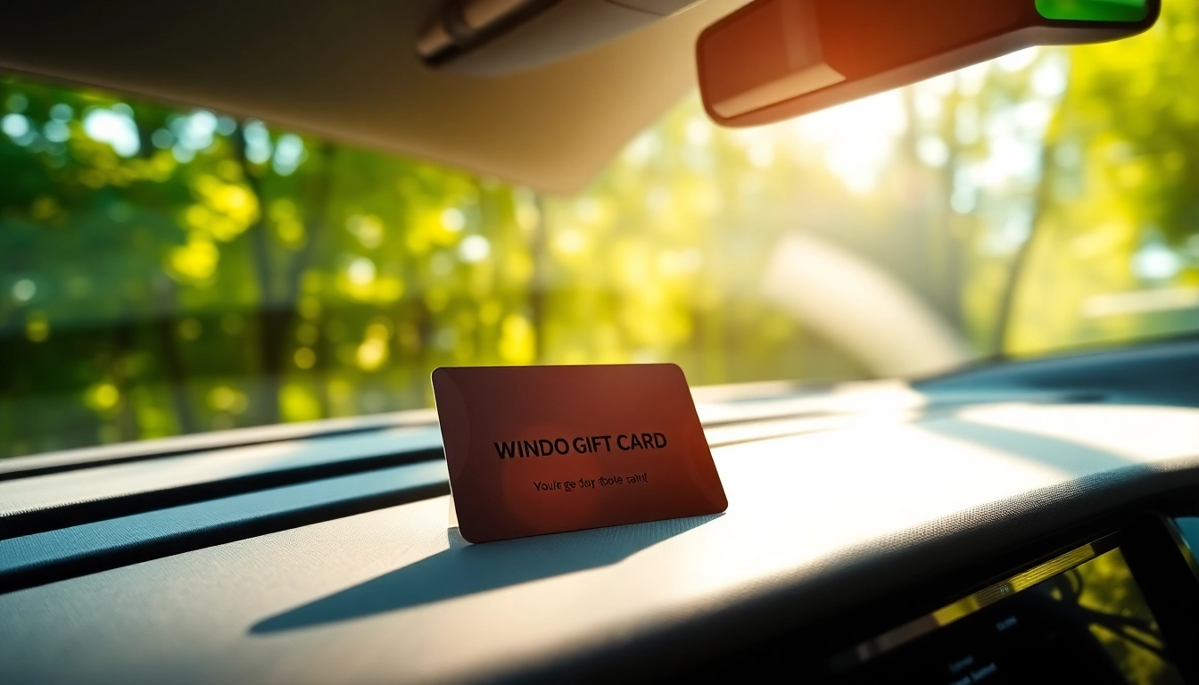 Showcase the window tint gift card placed on a luxurious car dashboard for enhanced car aesthetics.
