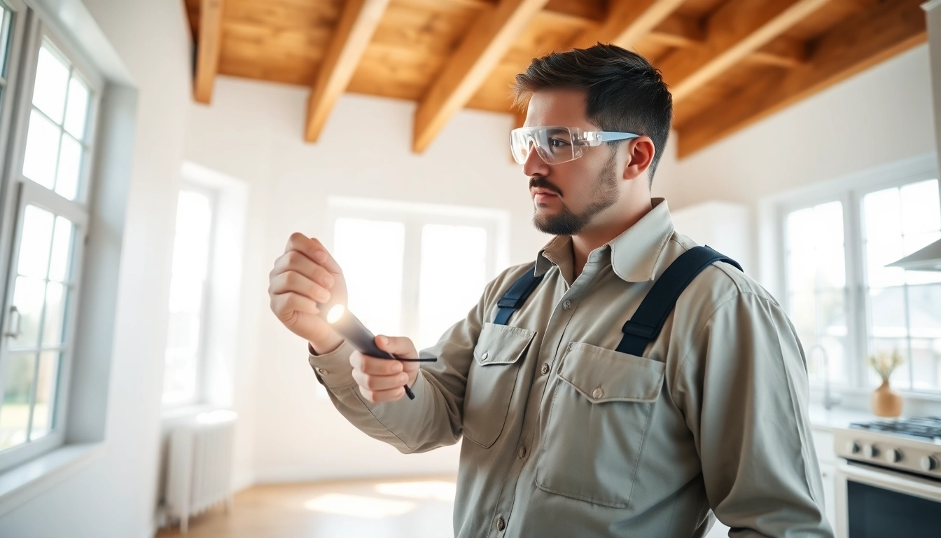 Inspecting for termites with a professional termite treatment company in a bright kitchen.