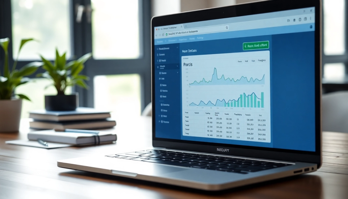 Visualize an SEO Rank Tracker interface on a laptop in a professional workspace, highlighting analytics.
