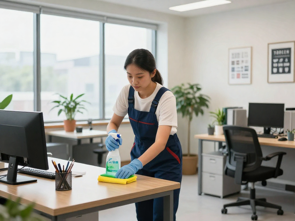 Unterhaltsreinigung Dortmund - Professionelle Reinigungskraft bei der Arbeit in einem modernen Büro für ein sauberes Arbeitsumfeld.