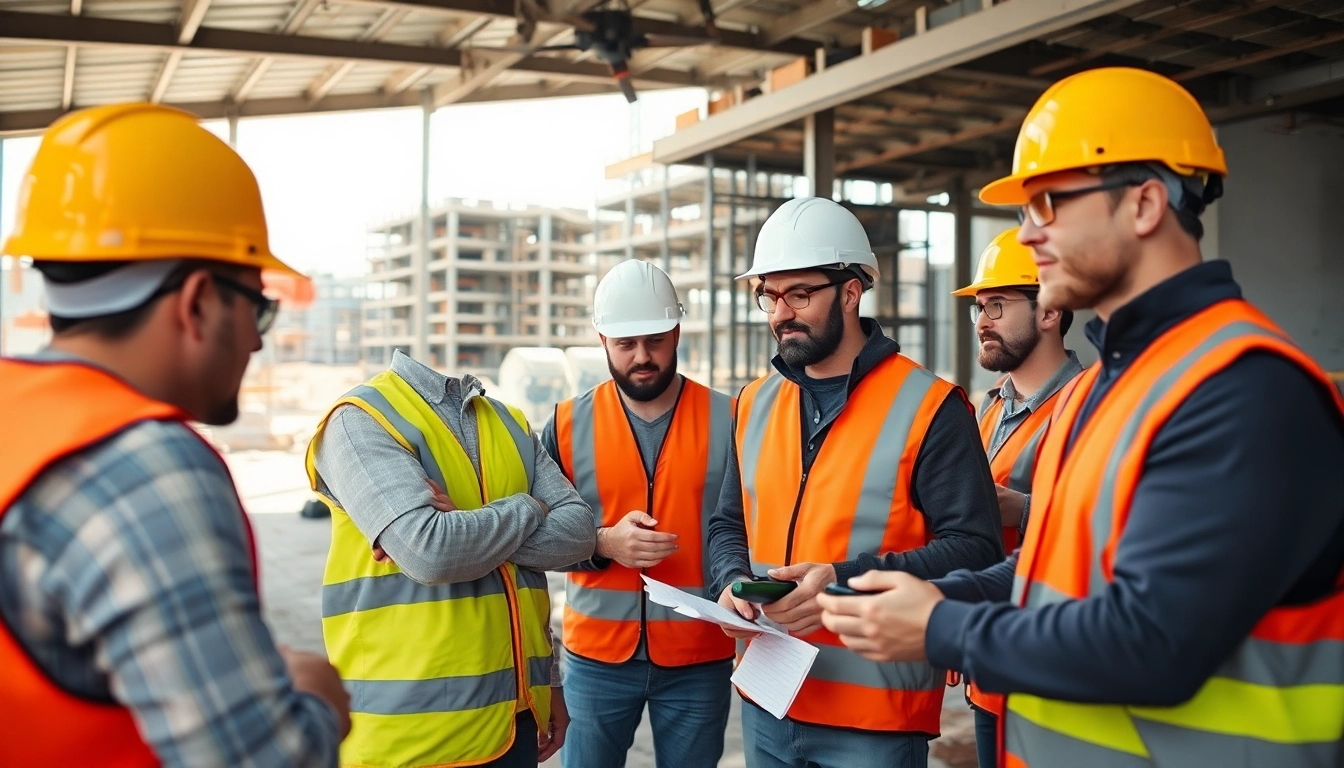 Workers engaging in construction site safety training with safety gear and a construction backdrop.