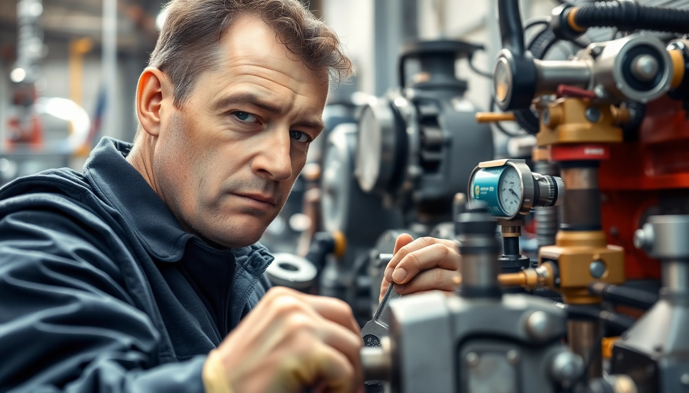 Technician conducting on-site hydraulic repair, showcasing expertise and precision in mechanical work.