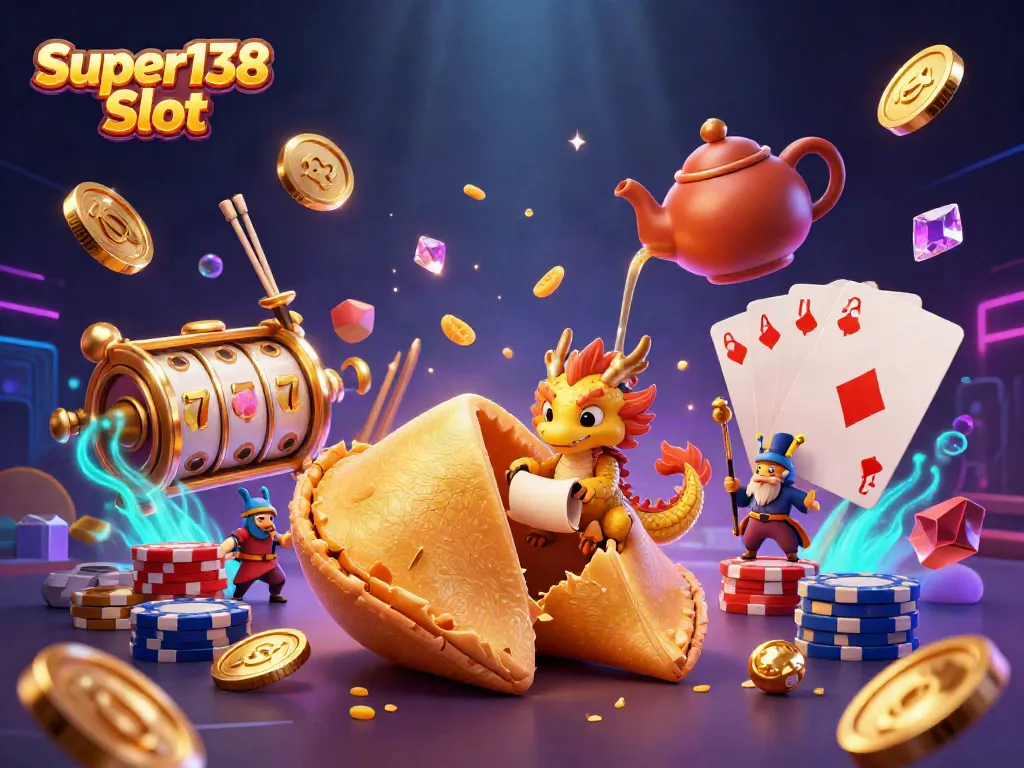 Experience the thrill of the Super138 Slot with a vibrant 3D scene filled with playful characters and casino elements.