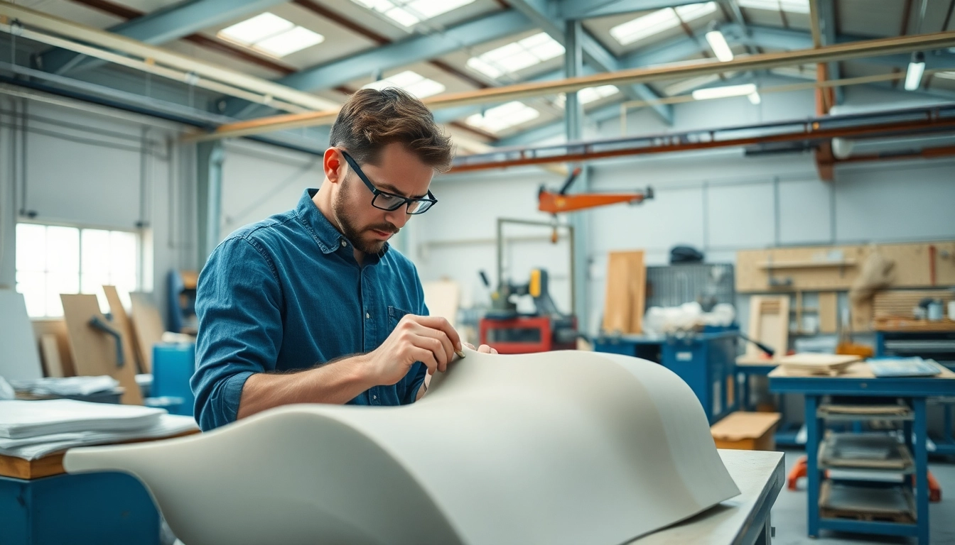 GRP Manufacturer demonstrating advanced composite fabrication techniques in a bright workshop.