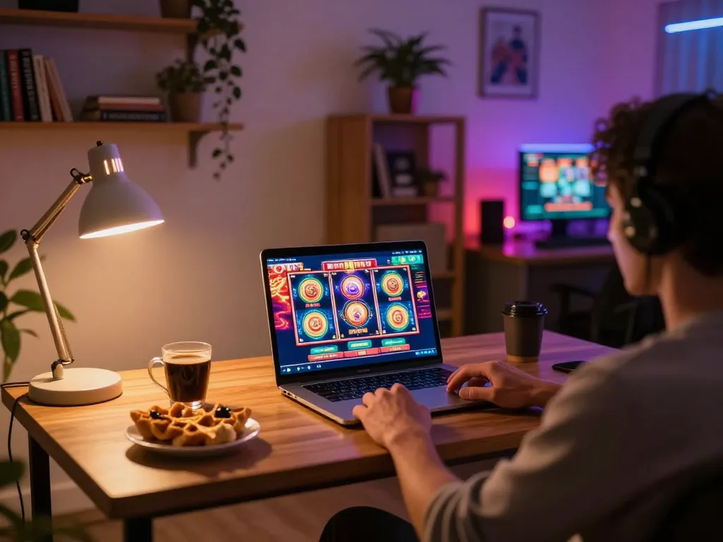 Engaging online gaming on gajah toto with vibrant slot interface visible on laptop, highlighting entertainment.