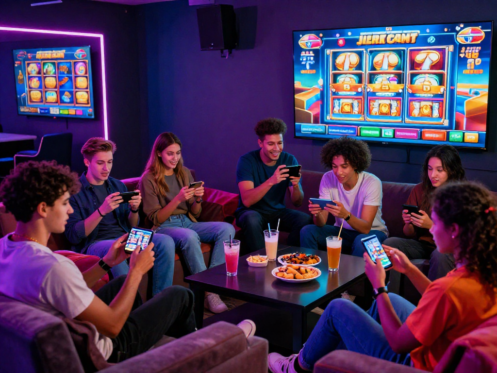 Group enjoying online games at european online casinos with vibrant atmosphere and modern lounge