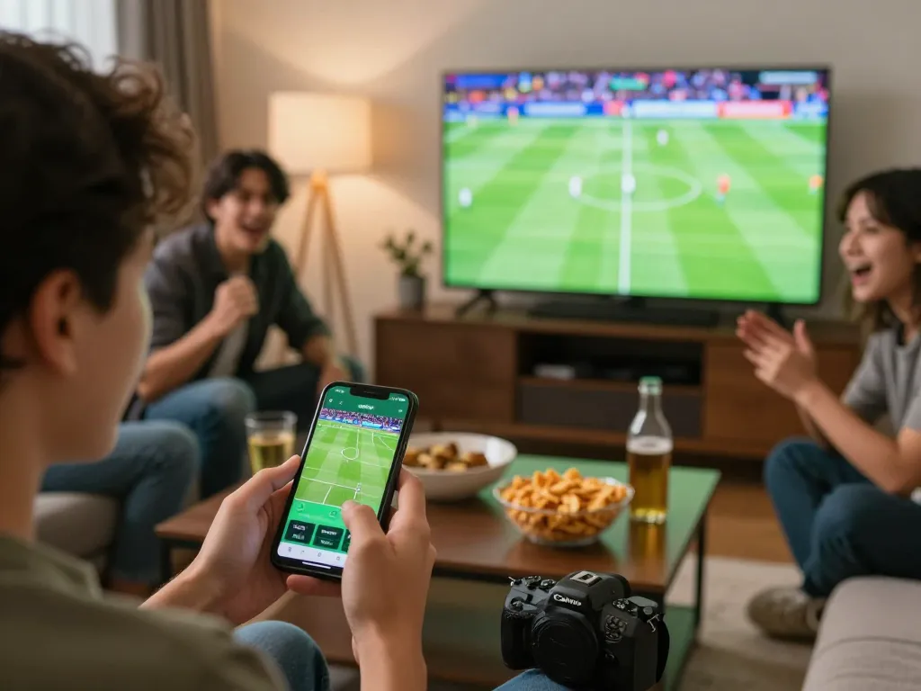 Bong da lu user placing bets on a smartphone during a live football match with friends at home