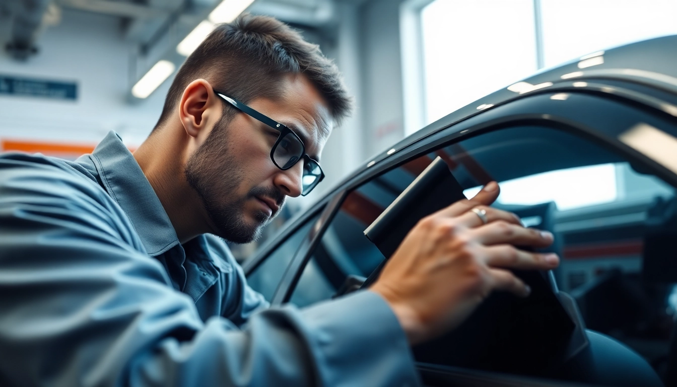 Apply window tint near me with a focus on skilled professionals in a bright garage.