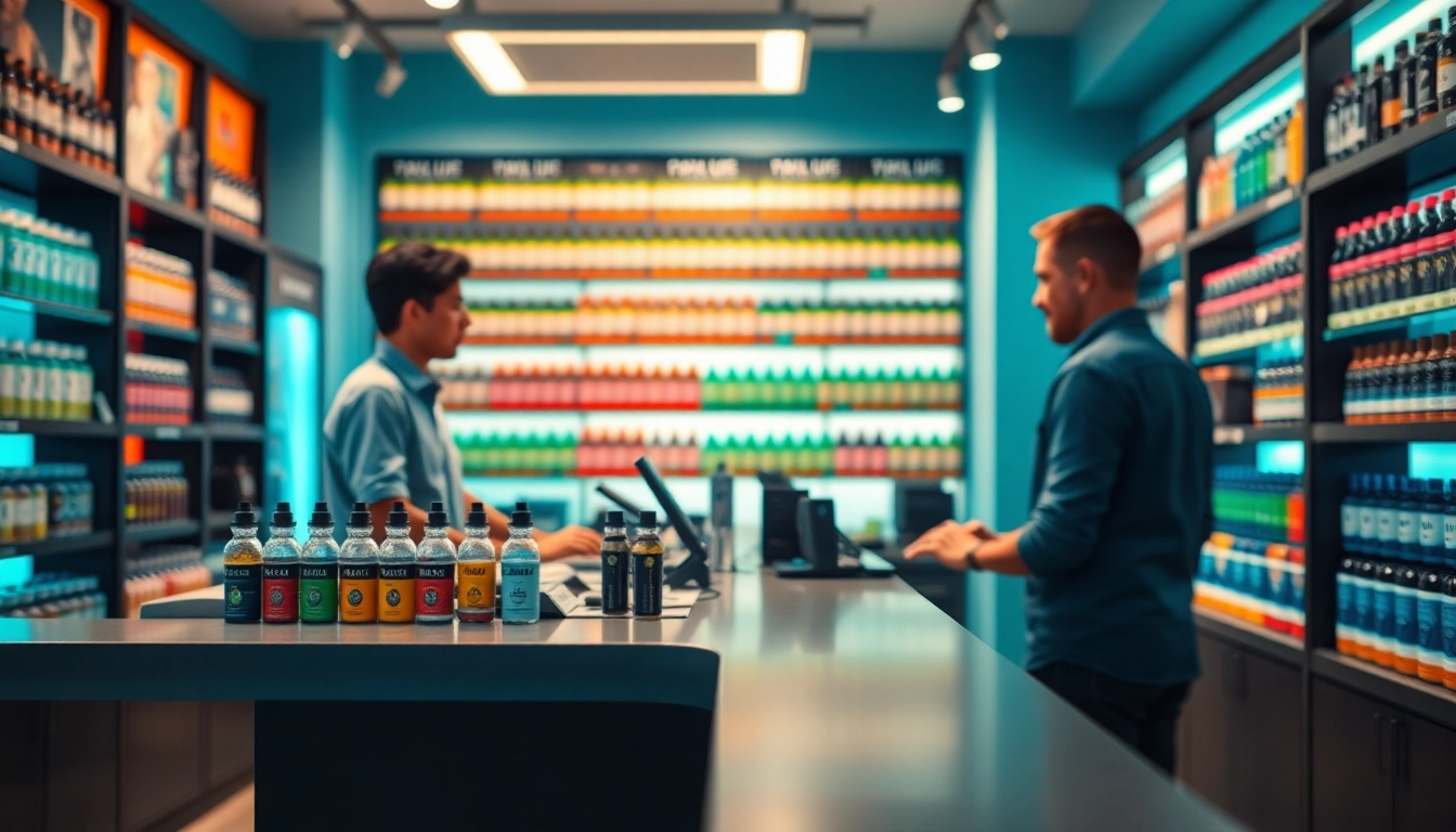 Explore a vibrant vape shop setting at VapeJuice Depot featuring various vaping products.