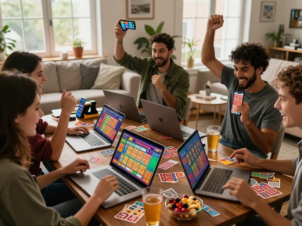 Exciting group enjoying Agen Togel lottery experience on multiple devices in a cozy setting.