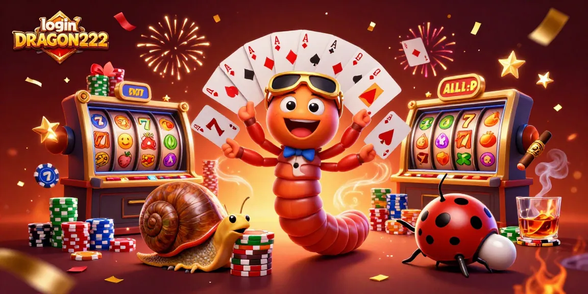 Experience intense excitement with login DRAGON222 amidst colorful slots, chips, and vibrant celebratory effects.