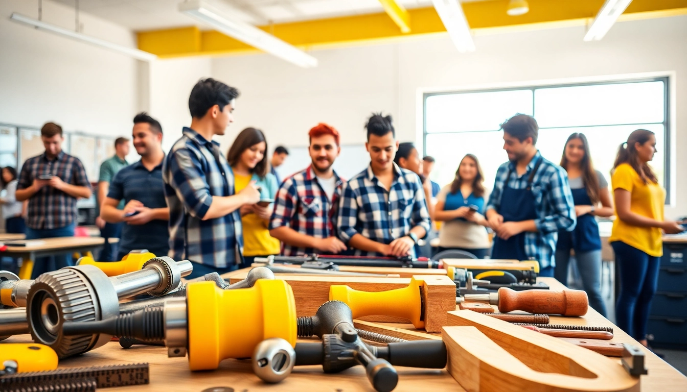 Engaged students at trade schools in Southern California training with tools in a bright classroom.