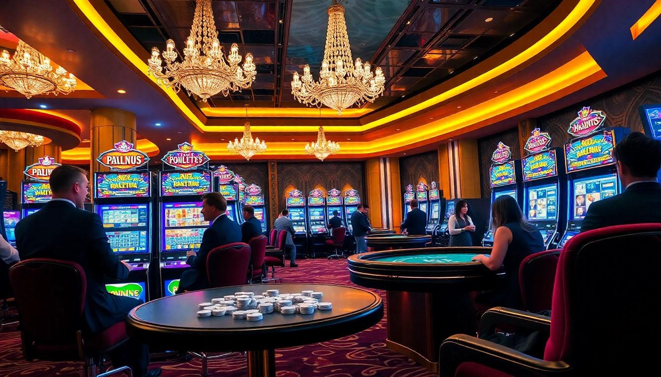Engaging players at a vibrant pragmatic slot machine in a luxurious casino setting.