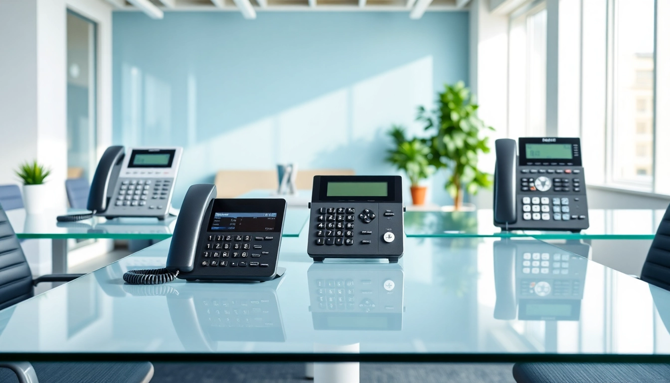 Showcasing various office phone systems on modern desks, emphasizing functionality and design.