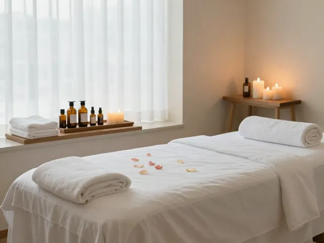 Relaxing treatment room for 의왕출장마사지 with candles and essential oils.