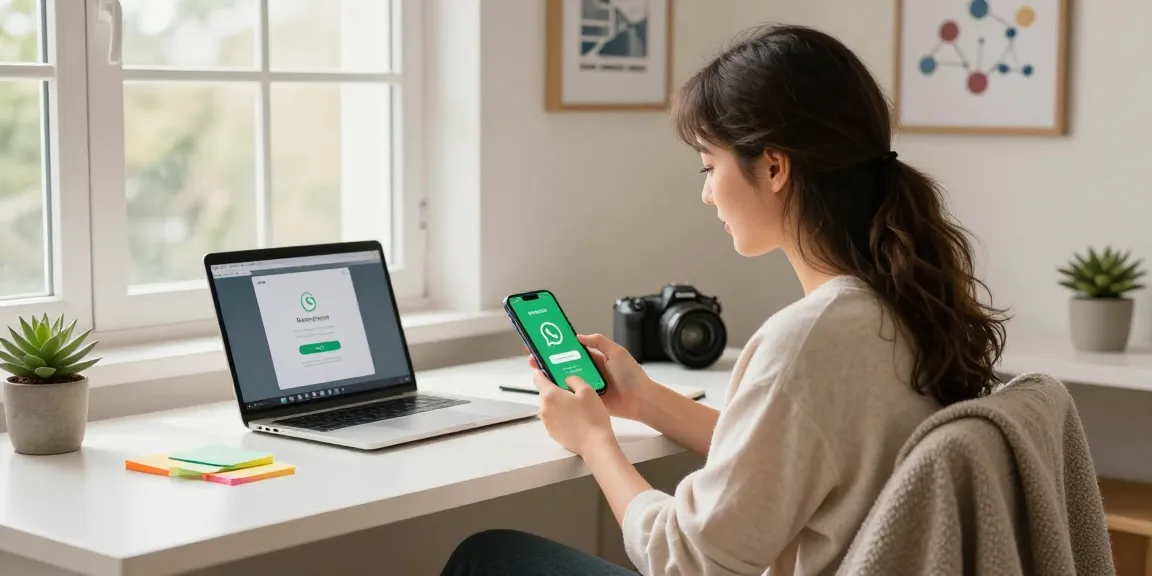 WhatsApp下載 app installation on smartphone in a modern home office.