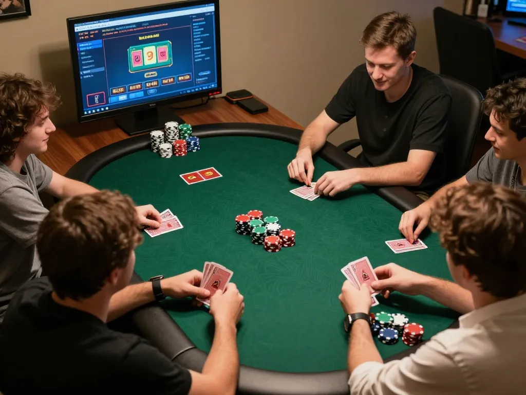 Engaged players enjoying sunwin - go88 online poker game with visible chips and cards.