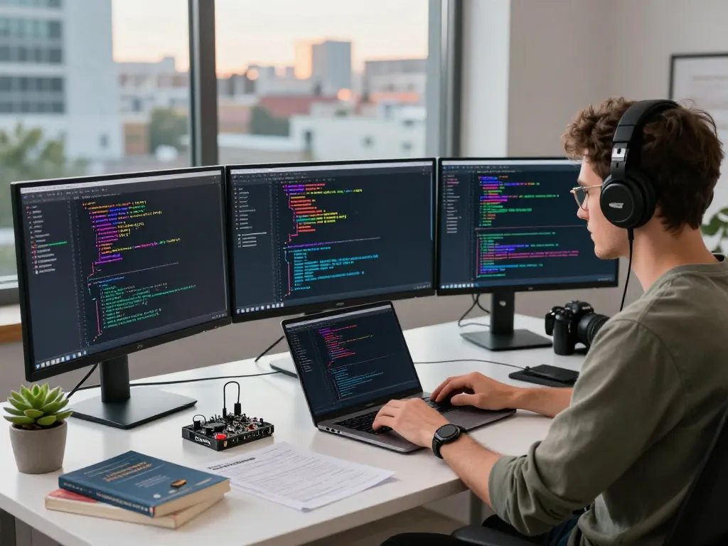 Developer coding with clawdbot integration in a modern workspace, vibrant tech environment.
