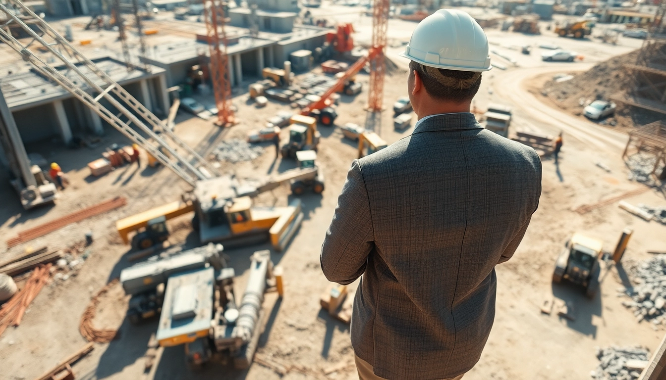 New Jersey Construction Manager overseeing a vibrant construction site with workers and machinery in action.