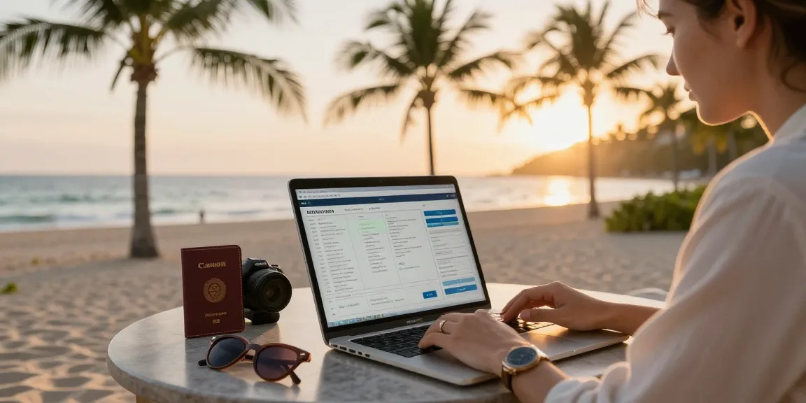 Traveljoy alternative planning at a luxury resort with scenic views, stylish travel accessories, and a laptop displaying trip details.