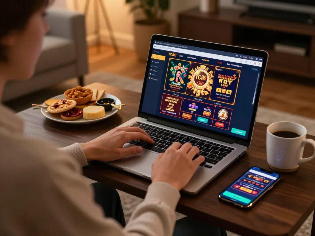 Playing online casino games on TG88 platform, with vibrant interface and engaging setup
