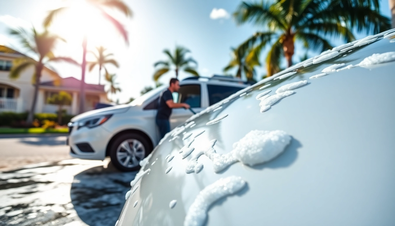 Experience mobile detailing Boca Raton with a top-notch service vehicle cleaning a car in a sunny neighborhood.