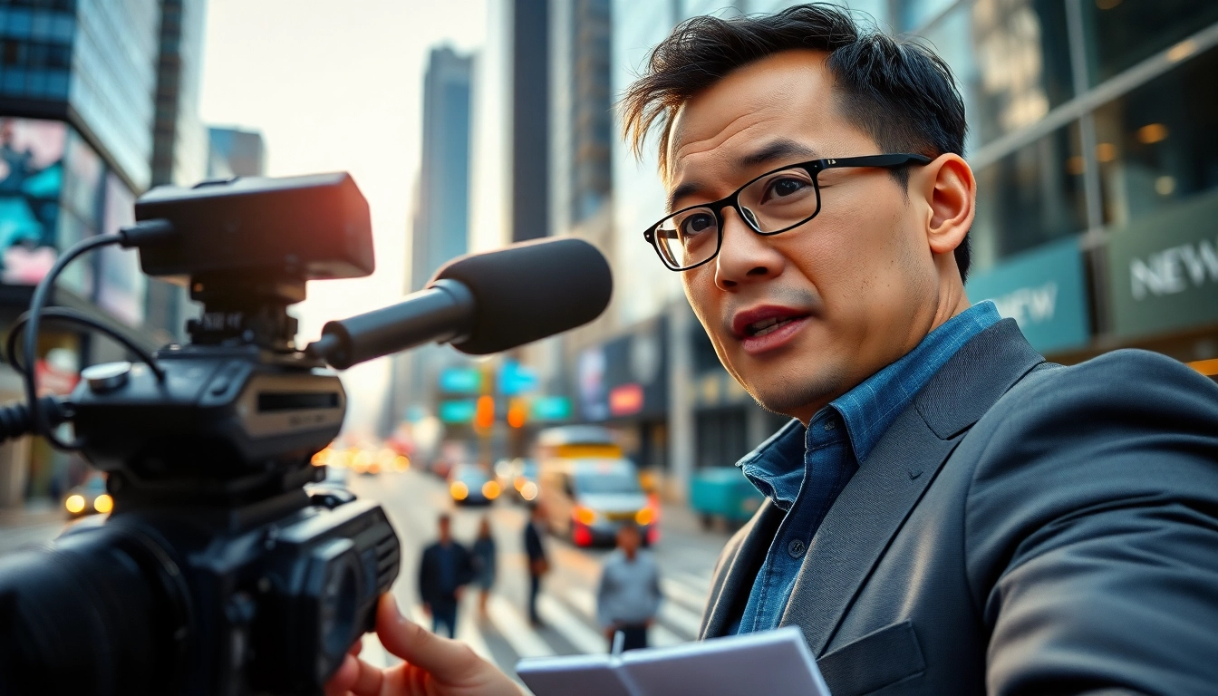 Report breaking news live from the city with a focused journalist and vibrant surroundings.