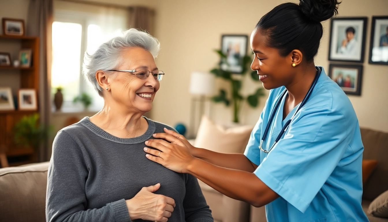 Caregiver providing in home care austin tx for an elderly client in a cozy setting.