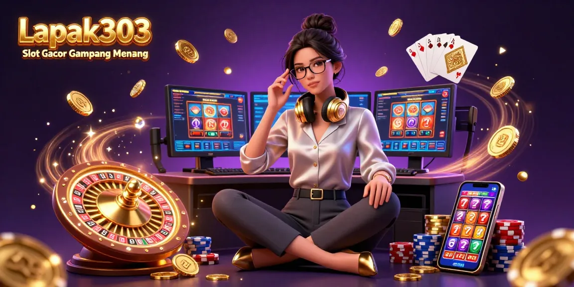 Experience the excitement of Lapak303 Slot Gacor Gampang Menang with vibrant casino scenes, dynamic coins, and games.
