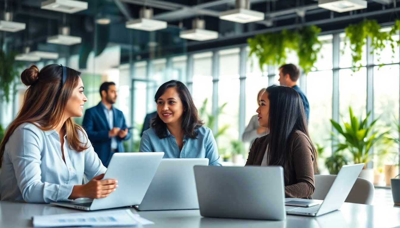 BizTrader marketplace showcasing professionals networking in a modern business setting.