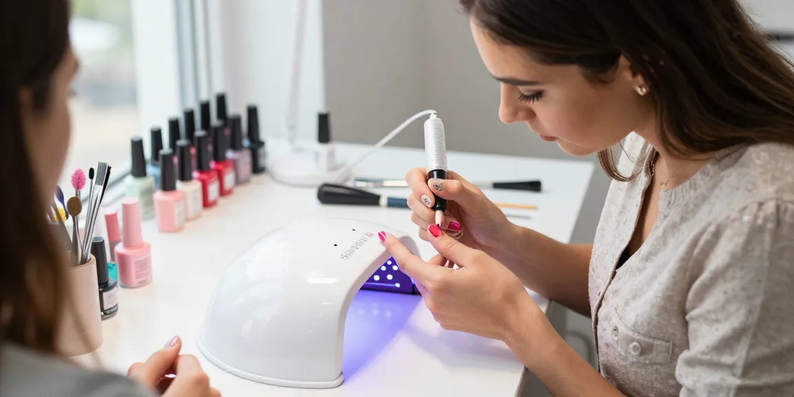 Setare profesională cu o lampa UV LED unghii care usucă un lac de unghii gel vibrant la un salon de înfrumusețare