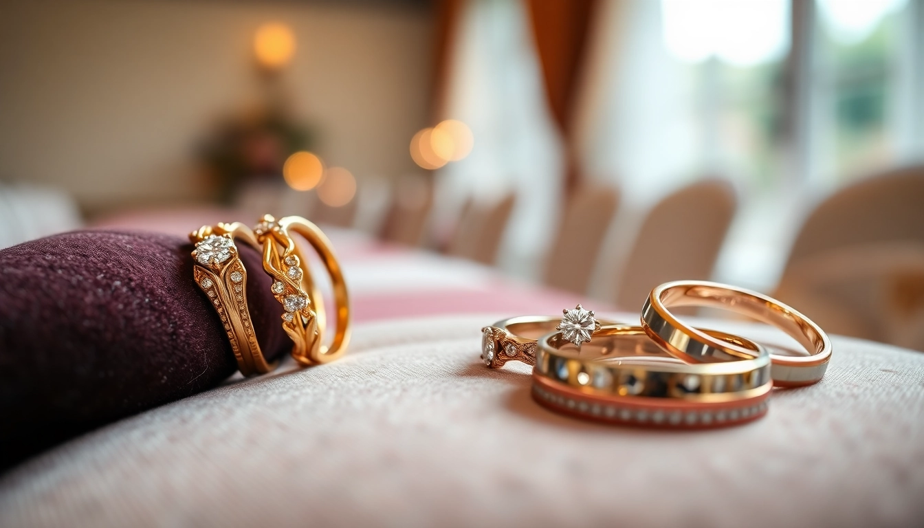 Showcasing wedding bands with intricate designs and sparkling accents on a plush cushion.