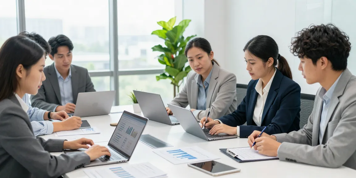 Business professionals evaluating the best business mobile providers UK in a modern office setting.