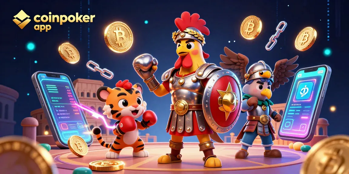 Admirez l'application coinpoker app avec des personnages de gladiateurs et des éléments de jeu virtuels.
