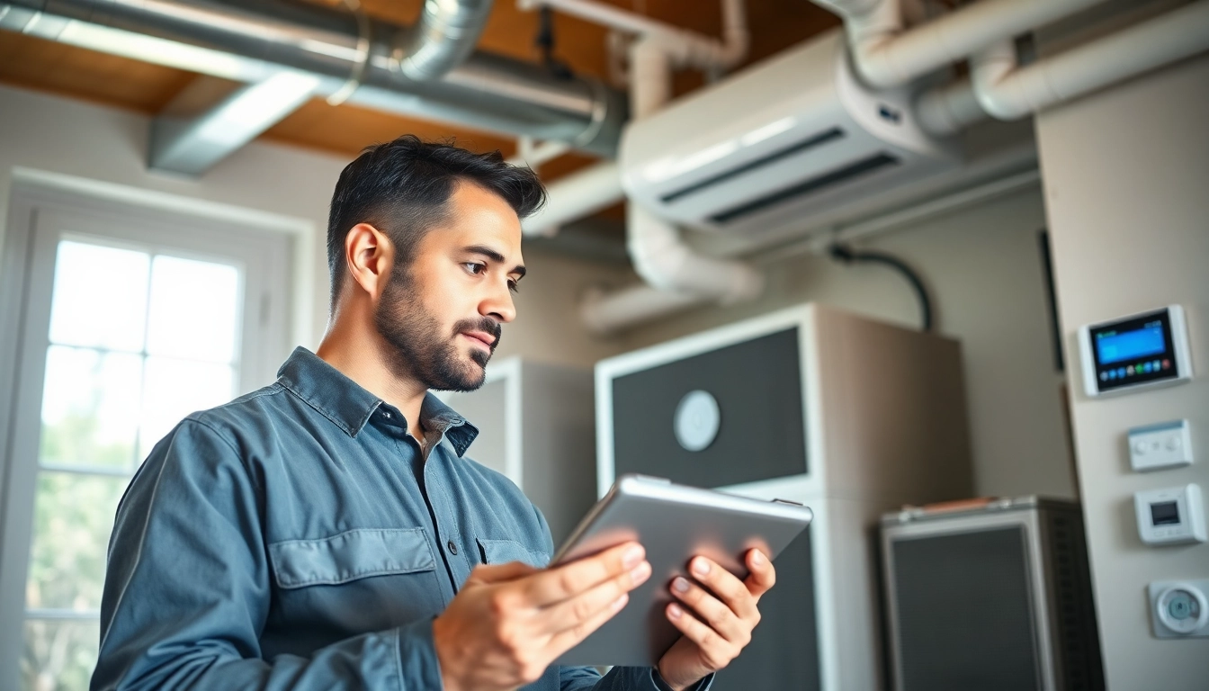 Evaluate energy-efficient HVAC systems with a technician in a bright, modern setting, showcasing industry standards.