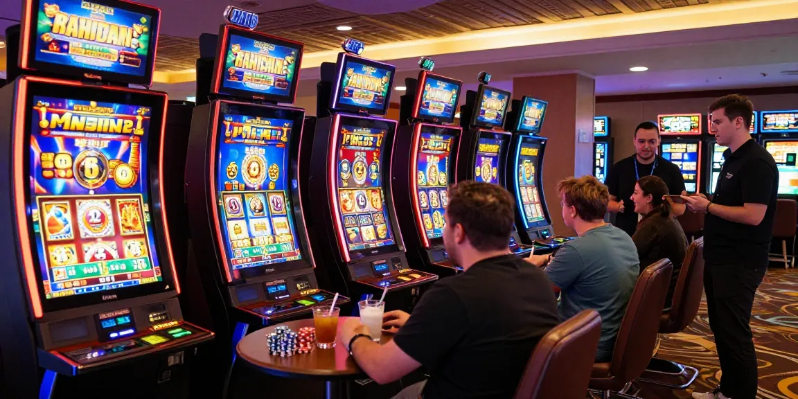 Exciting slot gaming experience in a vibrant casino environment, players enjoying engaging slot machines and lively atmosphere.