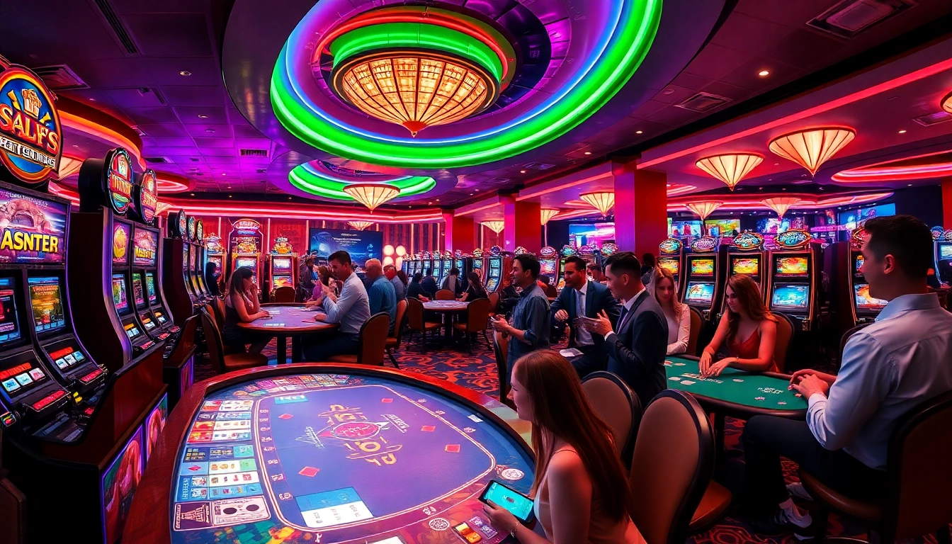 Menang di KUY4D, suasana kasino dengan pemain slot dan meja kartu yang meriah.