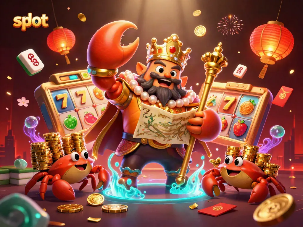 Experience exciting slot gameplay with a massive golden crab emperor holding treasures amidst colorful casino elements.